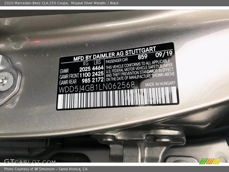 Mojave Silver Metallic / Black 2020 Mercedes-Benz CLA 250 Coupe