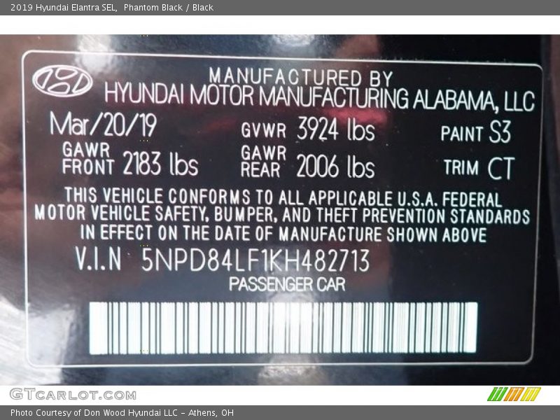 Phantom Black / Black 2019 Hyundai Elantra SEL