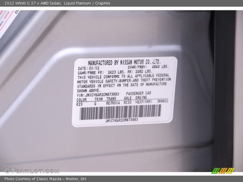 Liquid Platinum / Graphite 2012 Infiniti G 37 x AWD Sedan