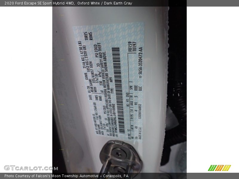 Oxford White / Dark Earth Gray 2020 Ford Escape SE Sport Hybrid 4WD