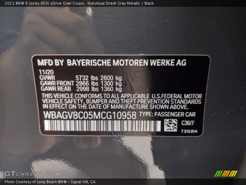 Individual Dravit Gray Metallic / Black 2021 BMW 8 Series 850i xDrive Gran Coupe