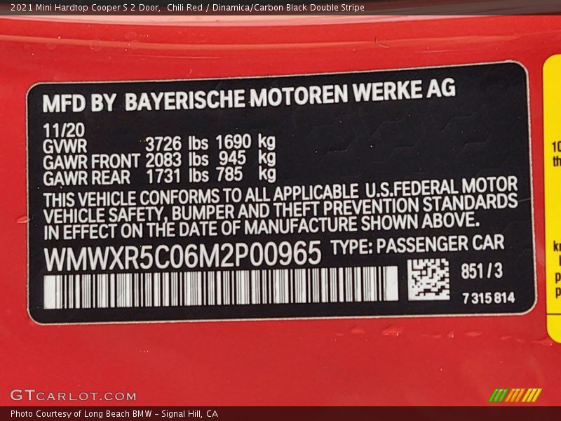 Chili Red / Dinamica/Carbon Black Double Stripe 2021 Mini Hardtop Cooper S 2 Door