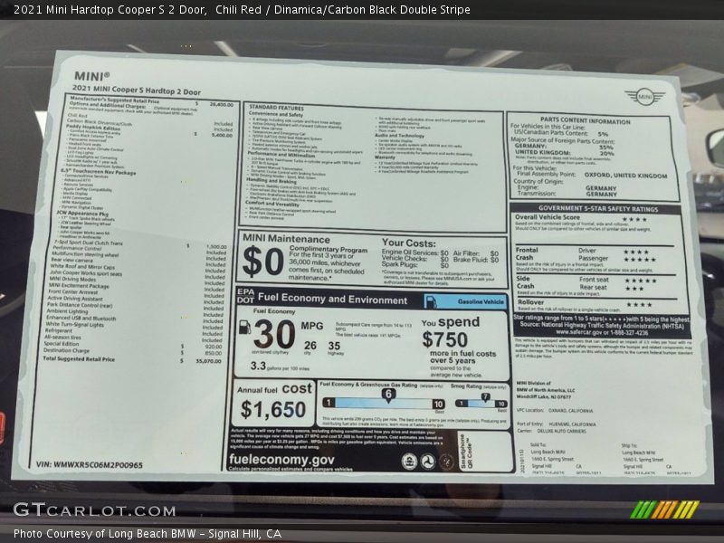  2021 Hardtop Cooper S 2 Door Window Sticker