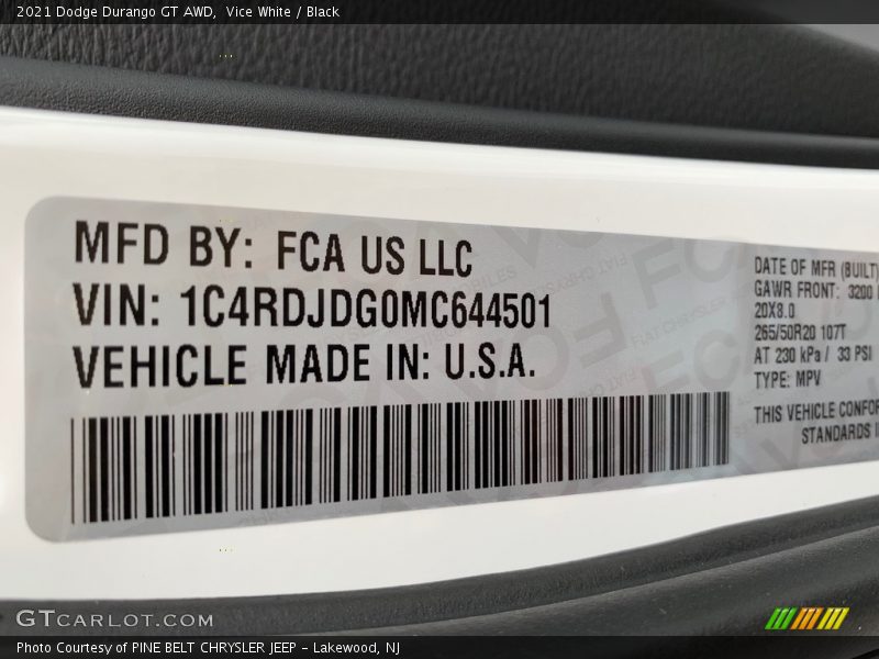 Vice White / Black 2021 Dodge Durango GT AWD