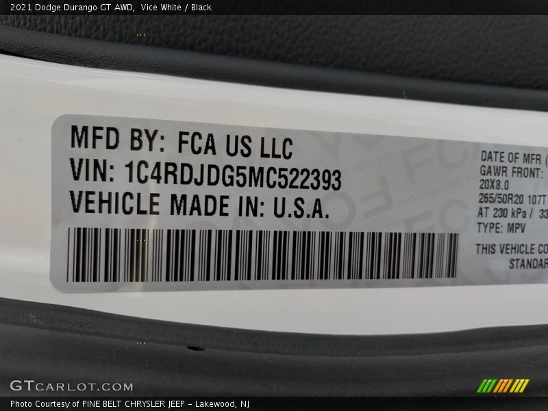 Vice White / Black 2021 Dodge Durango GT AWD