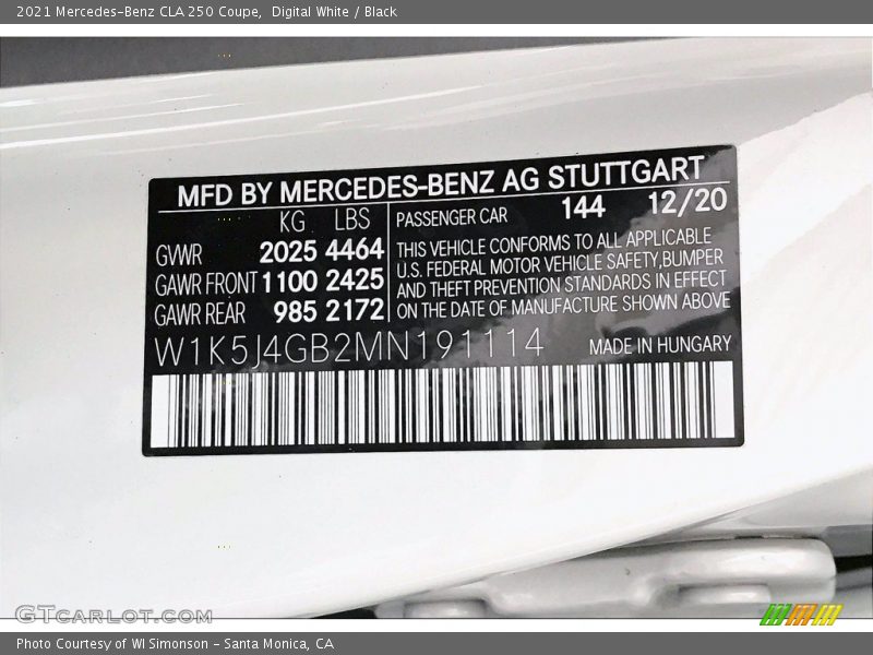 Digital White / Black 2021 Mercedes-Benz CLA 250 Coupe