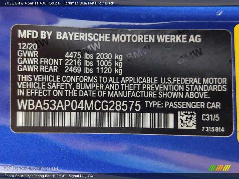 2021 4 Series 430i Coupe Portimao Blue Metallic Color Code C31