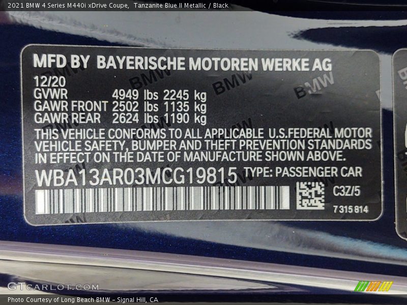2021 4 Series M440i xDrive Coupe Tanzanite Blue II Metallic Color Code C3Z