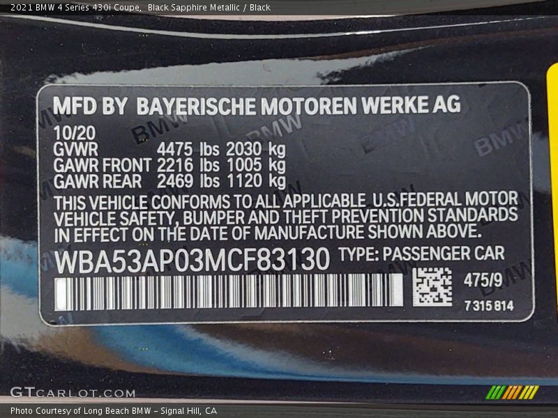 2021 4 Series 430i Coupe Black Sapphire Metallic Color Code 475