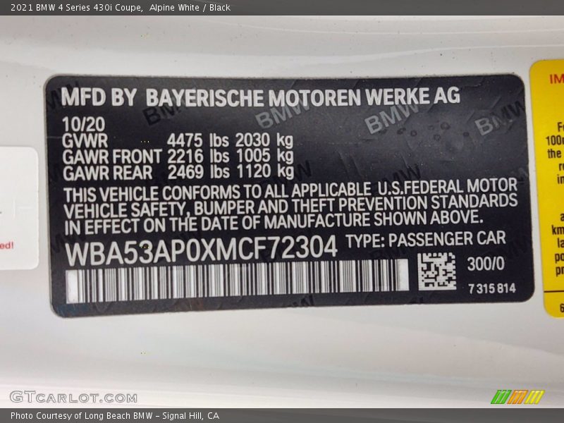 Alpine White / Black 2021 BMW 4 Series 430i Coupe