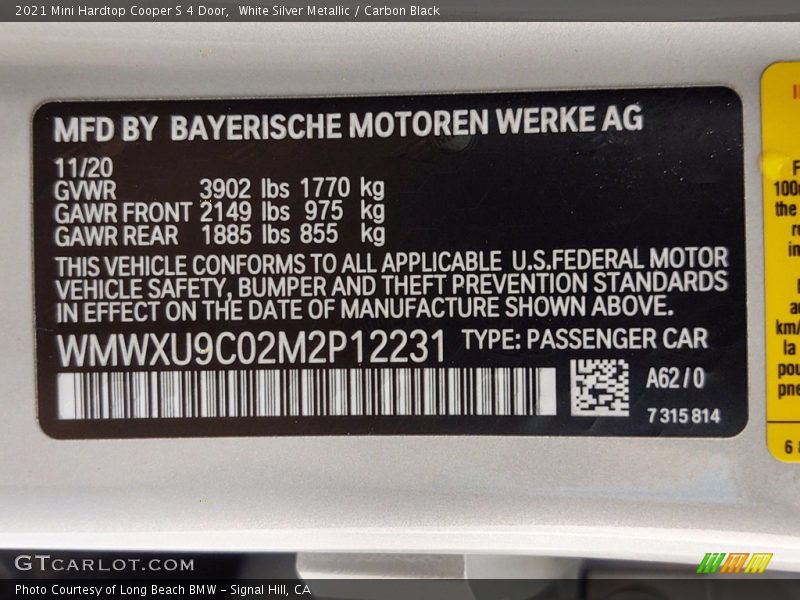 2021 Hardtop Cooper S 4 Door White Silver Metallic Color Code A62