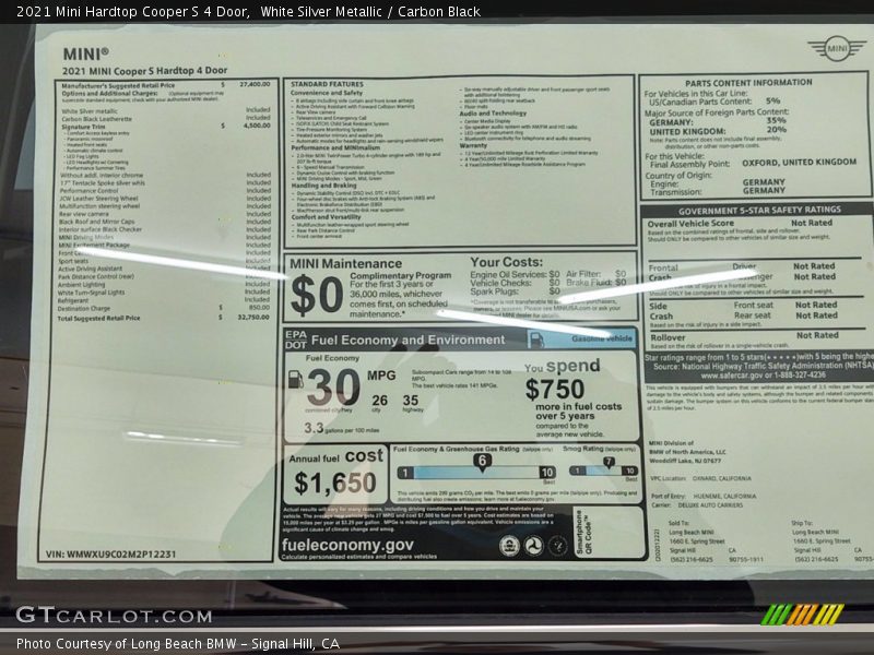  2021 Hardtop Cooper S 4 Door Window Sticker