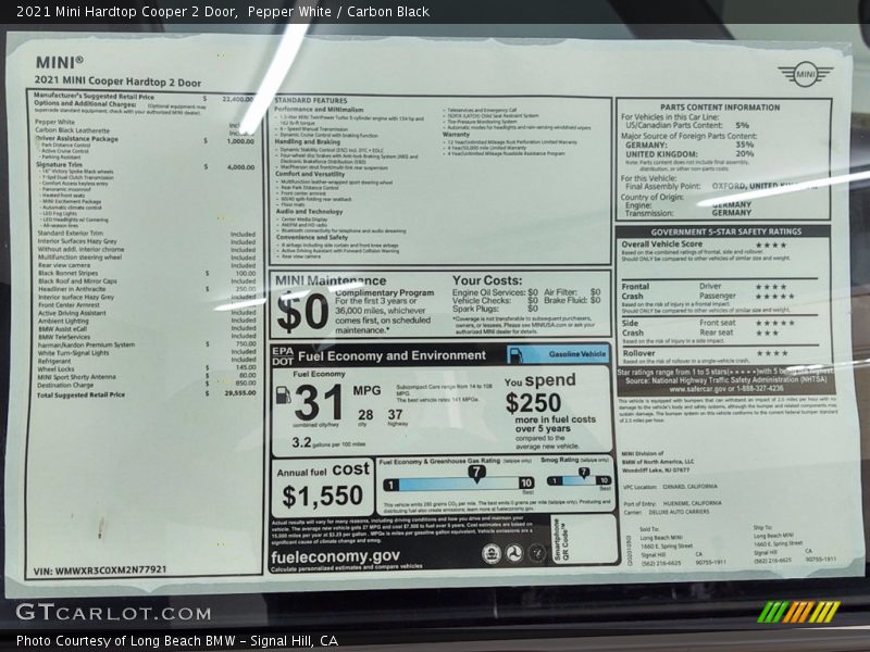  2021 Hardtop Cooper 2 Door Window Sticker