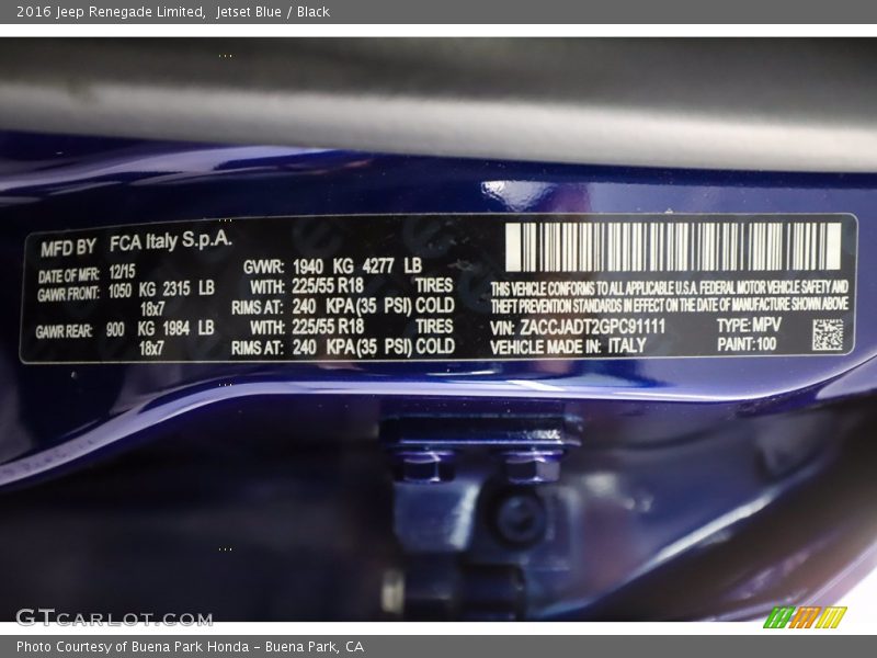 2016 Renegade Limited Jetset Blue Color Code 100