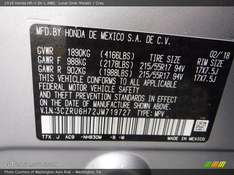 Lunar Silver Metallic / Gray 2018 Honda HR-V EX-L AWD