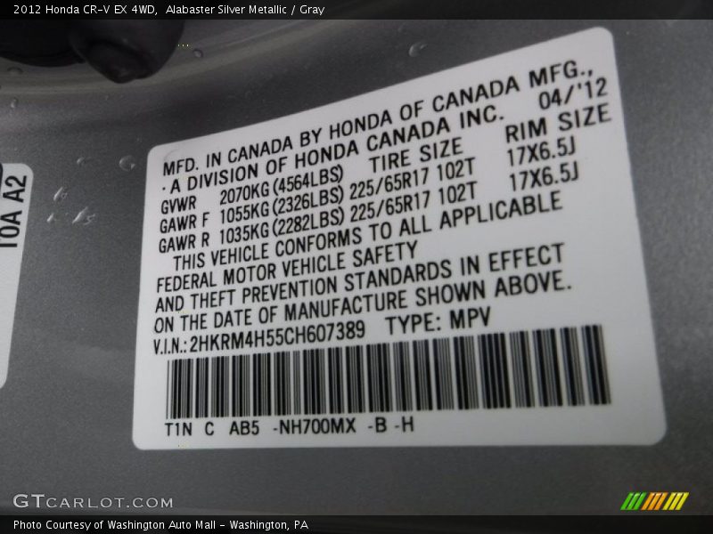 Alabaster Silver Metallic / Gray 2012 Honda CR-V EX 4WD