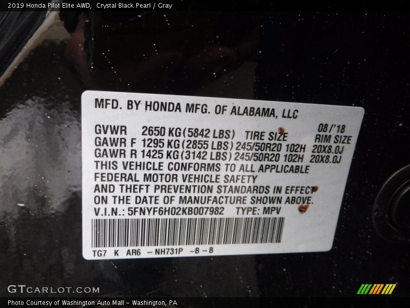 Crystal Black Pearl / Gray 2019 Honda Pilot Elite AWD