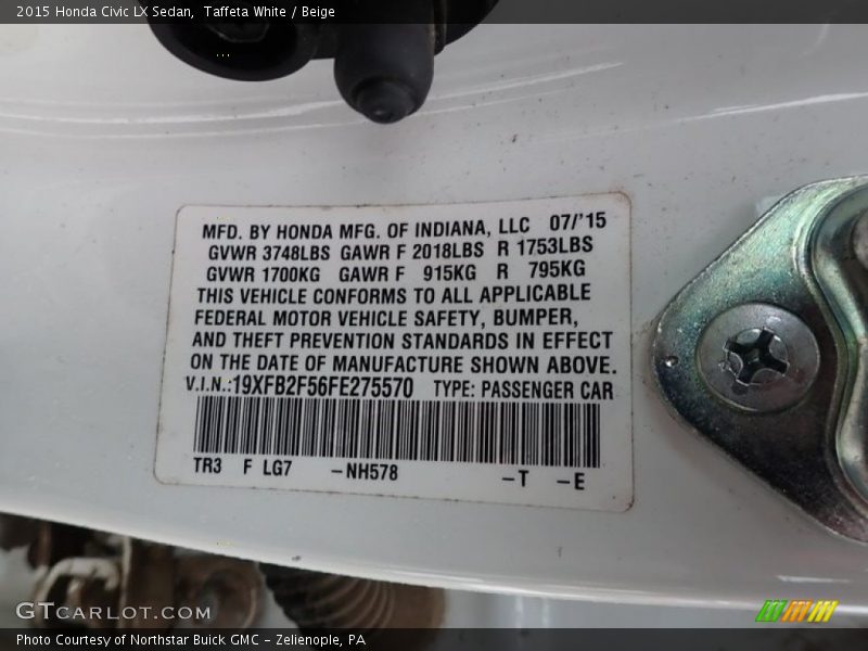 Taffeta White / Beige 2015 Honda Civic LX Sedan