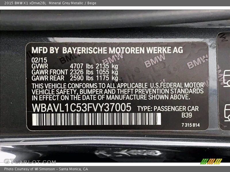 Mineral Grey Metallic / Beige 2015 BMW X1 xDrive28i