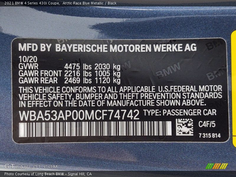 2021 4 Series 430i Coupe Arctic Race Blue Metallic Color Code C4F