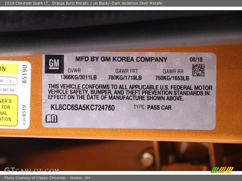 Orange Burst Metallic / Jet Black/­Dark Anderson Silver Metallic 2019 Chevrolet Spark LT