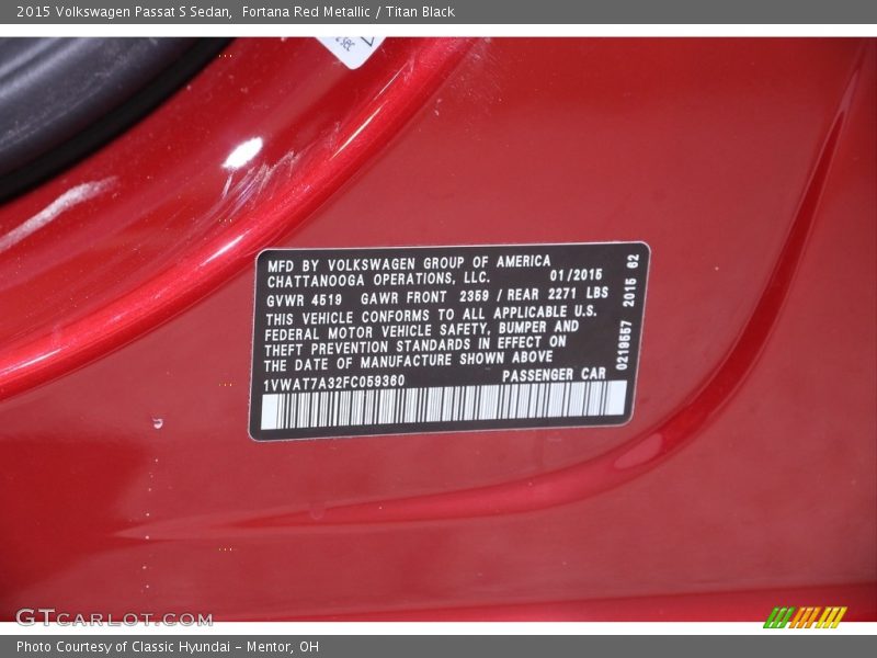 Fortana Red Metallic / Titan Black 2015 Volkswagen Passat S Sedan