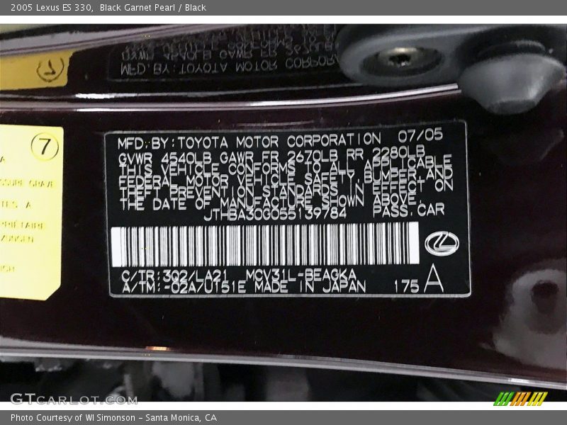 Black Garnet Pearl / Black 2005 Lexus ES 330