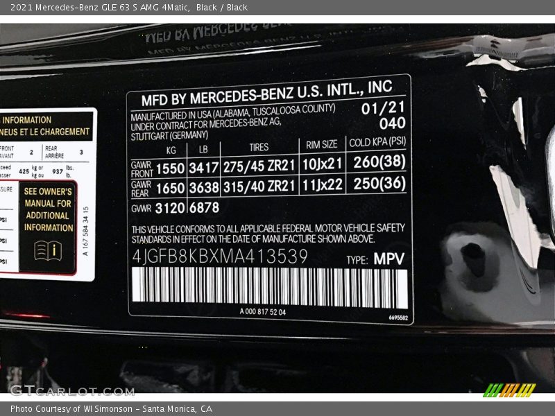 2021 GLE 63 S AMG 4Matic Black Color Code 040