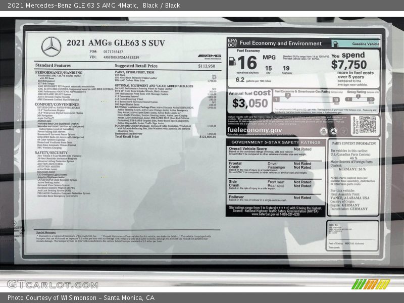  2021 GLE 63 S AMG 4Matic Window Sticker