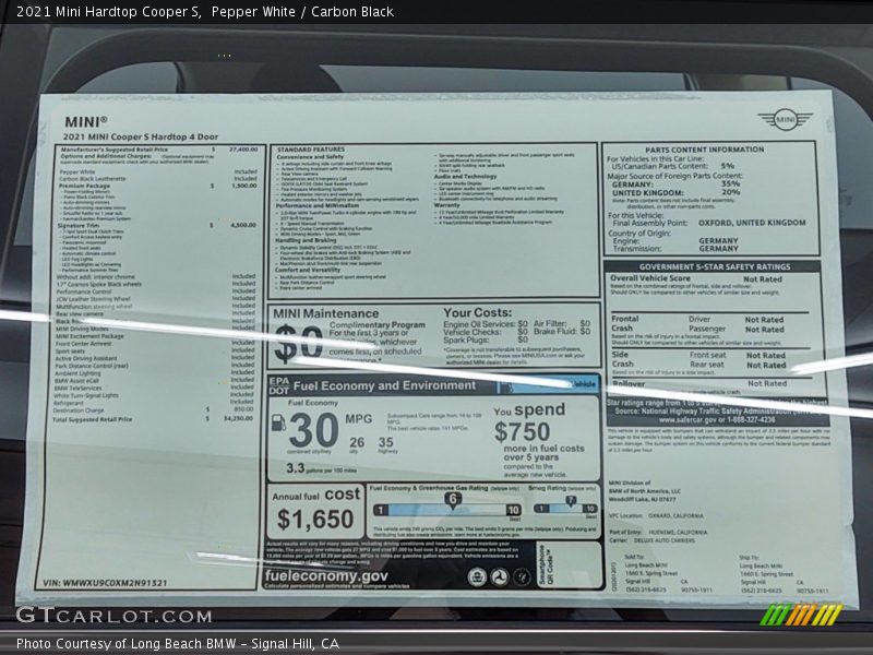  2021 Hardtop Cooper S Window Sticker