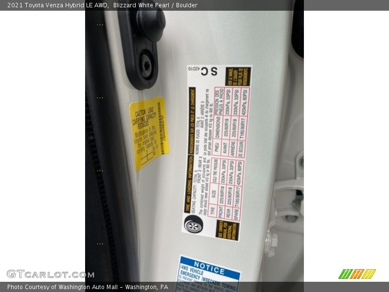 Blizzard White Pearl / Boulder 2021 Toyota Venza Hybrid LE AWD