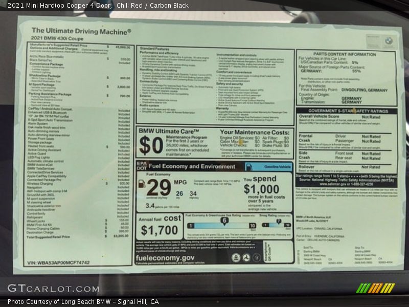  2021 Hardtop Cooper 4 Door Window Sticker