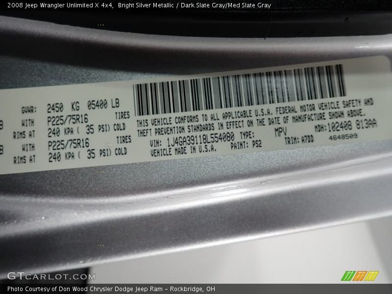 Bright Silver Metallic / Dark Slate Gray/Med Slate Gray 2008 Jeep Wrangler Unlimited X 4x4