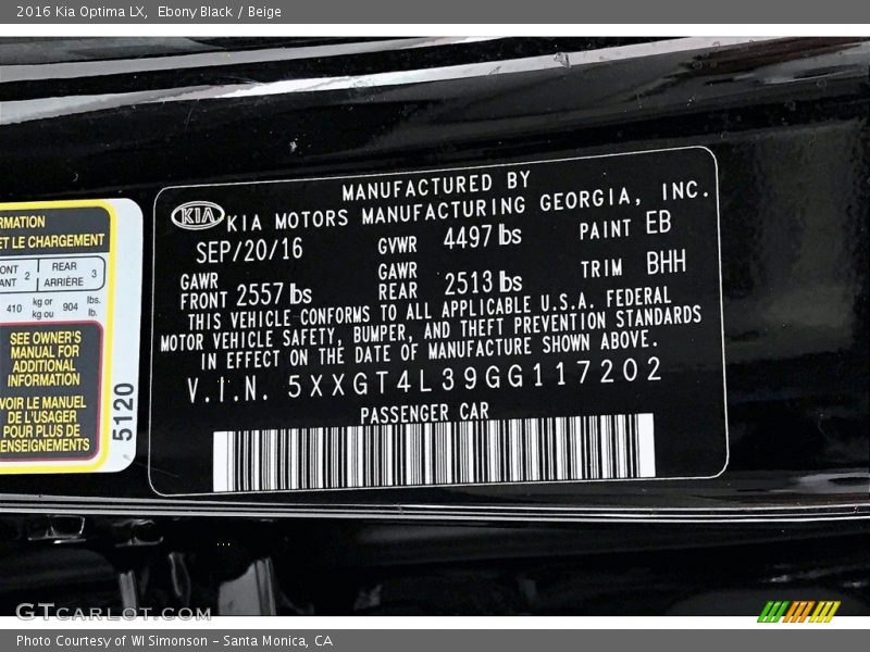2016 Optima LX Ebony Black Color Code EB