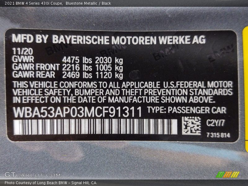 Bluestone Metallic / Black 2021 BMW 4 Series 430i Coupe