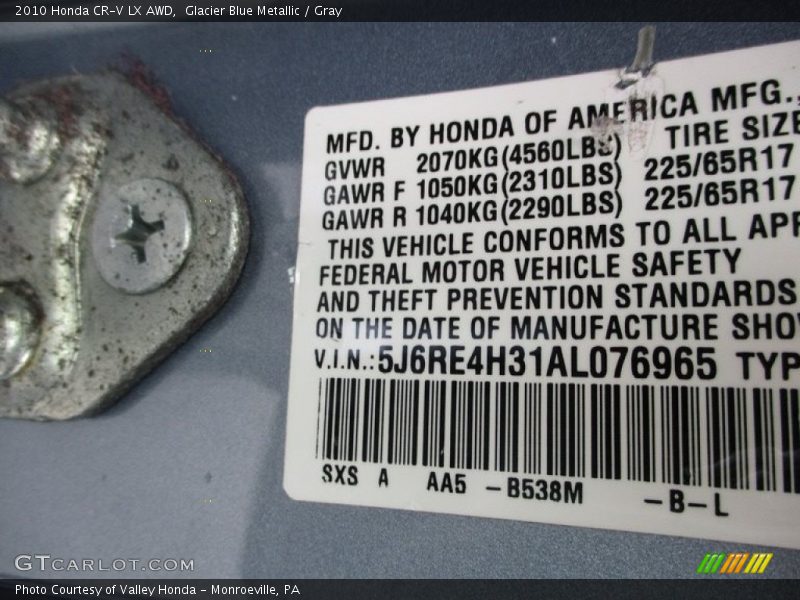 Glacier Blue Metallic / Gray 2010 Honda CR-V LX AWD