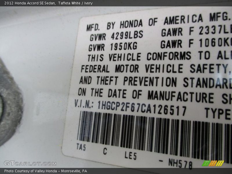 Taffeta White / Ivory 2012 Honda Accord SE Sedan