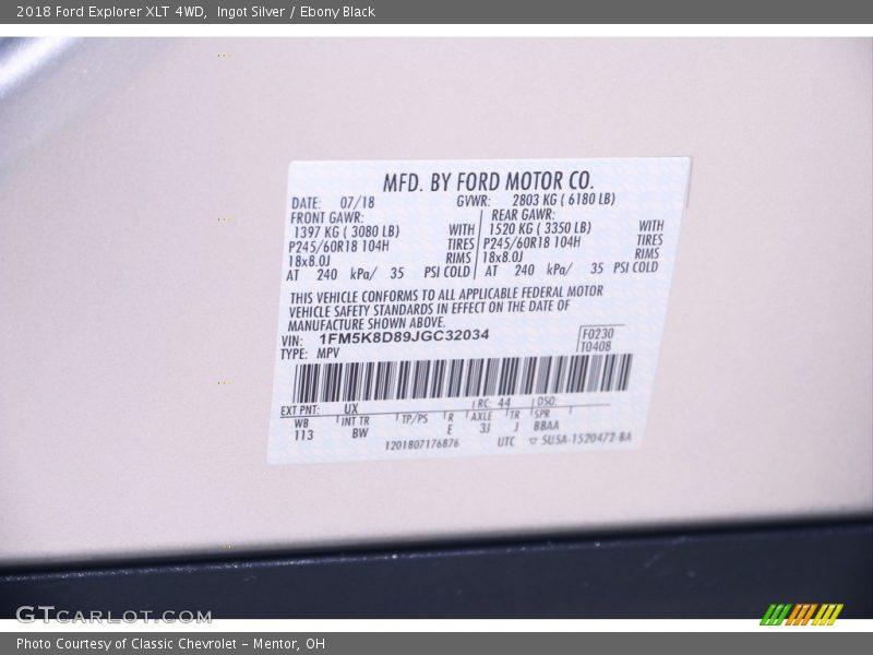 Ingot Silver / Ebony Black 2018 Ford Explorer XLT 4WD