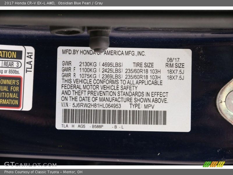 Obsidian Blue Pearl / Gray 2017 Honda CR-V EX-L AWD