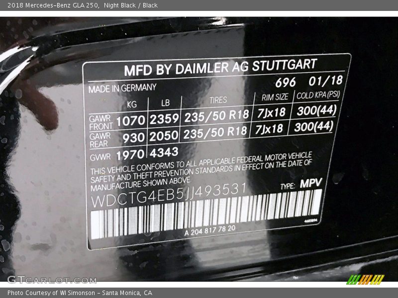 Night Black / Black 2018 Mercedes-Benz GLA 250