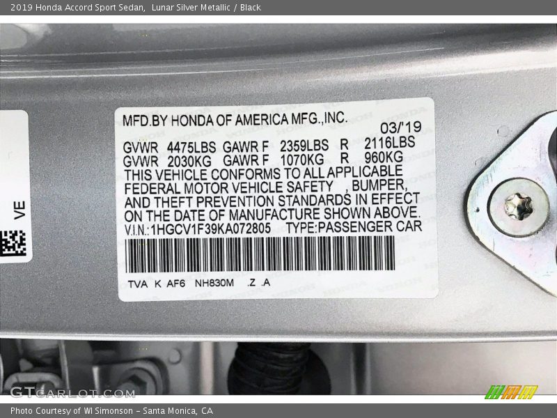 2019 Accord Sport Sedan Lunar Silver Metallic Color Code NH830M