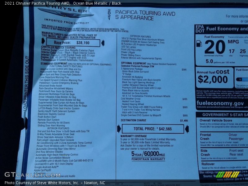 Ocean Blue Metallic / Black 2021 Chrysler Pacifica Touring AWD