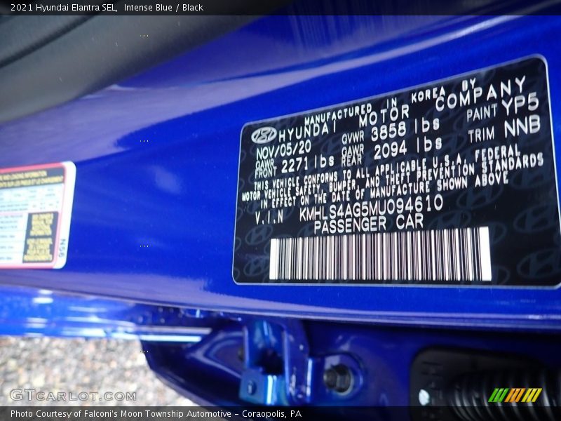 2021 Elantra SEL Intense Blue Color Code YP5
