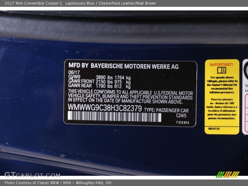 Lapisluxury Blue / Chesterfield Leather/Malt Brown 2017 Mini Convertible Cooper S