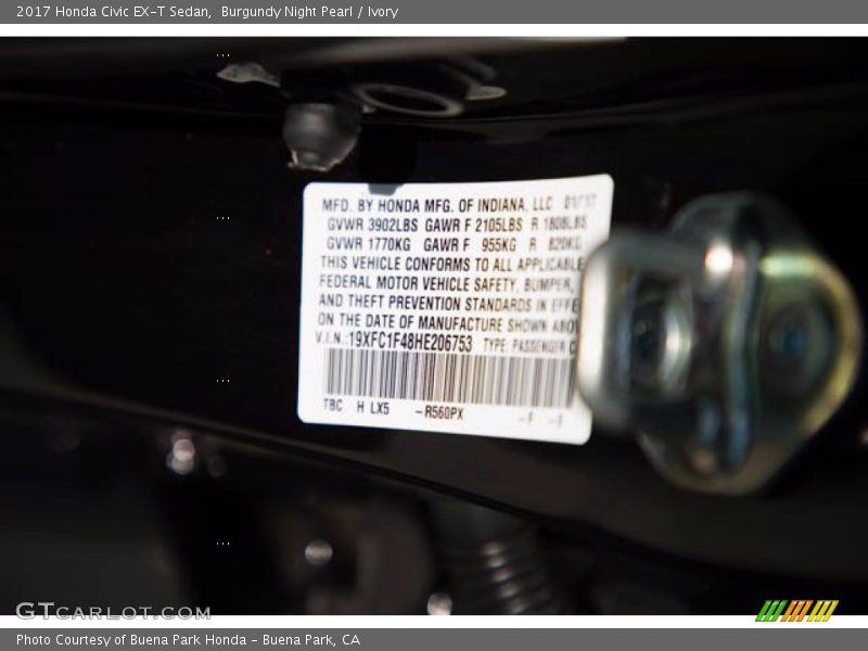 2017 Civic EX-T Sedan Burgundy Night Pearl Color Code R560PX