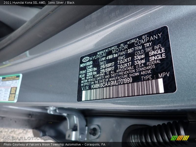 Sonic Silver / Black 2021 Hyundai Kona SEL AWD