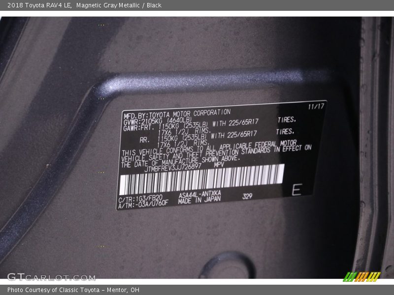 Magnetic Gray Metallic / Black 2018 Toyota RAV4 LE