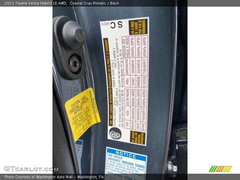 Coastal Gray Metallic / Black 2021 Toyota Venza Hybrid LE AWD