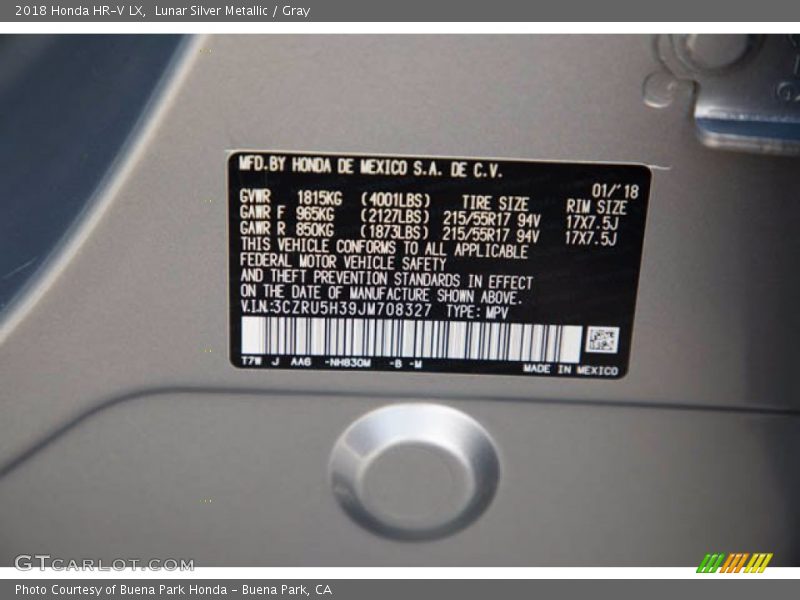 Lunar Silver Metallic / Gray 2018 Honda HR-V LX