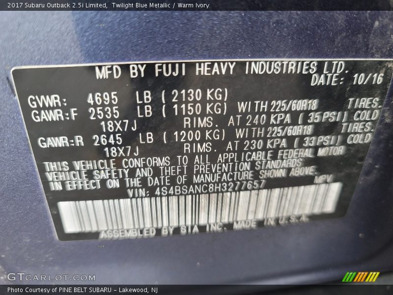 Twilight Blue Metallic / Warm Ivory 2017 Subaru Outback 2.5i Limited